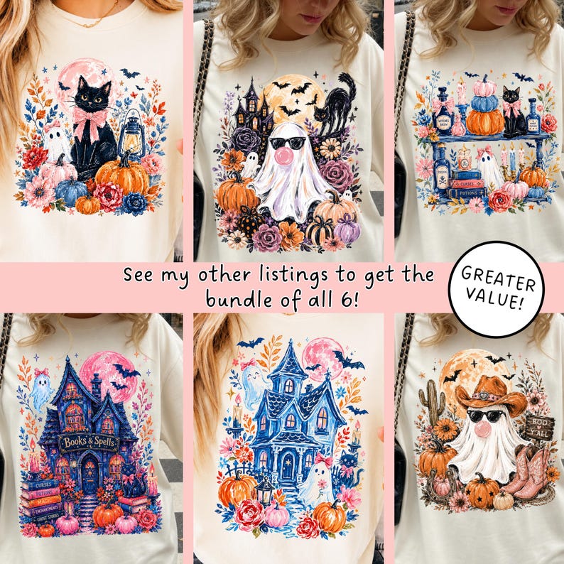 May include: Six off-white t-shirts featuring colourful Halloween-themed illustrations including ghosts, black cats, pumpkins, haunted houses, and floral accents. Text on the image reads: See my other listings to get the bundle of all 6! GREATER VALUE!
