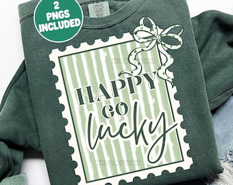 Happy Go Lucky Postage Stamp Png, St. Patrick's Day Shirt Design, Coquette St. Patty's Sublimation Design, Trendy Png Design For St. Patty's