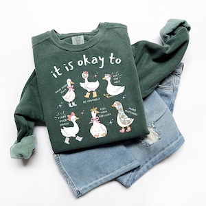 Pode incluir: Camisola verde escuro com o texto "it is okay to" e ilustra&ccedil;&otilde;es de gansos. Os gansos usam acess&oacute;rios e a camisola &eacute; combinada com cal&ccedil;&otilde;es de ganga azuis.