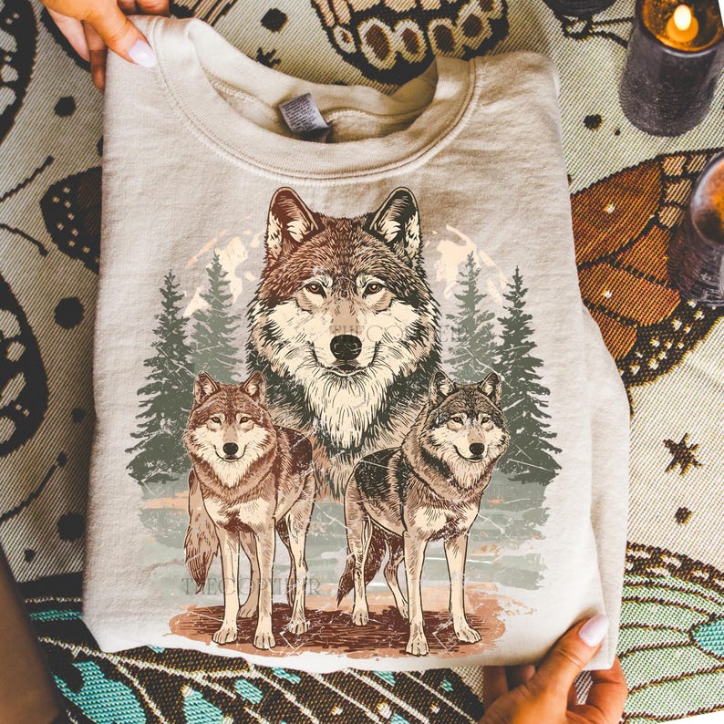 Puede incluir: Sudadera beige claro con una ilustraci&oacute;n detallada de tres lobos en un entorno forestal. El lobo central es m&aacute;s grande, con dos lobos m&aacute;s peque&ntilde;os a ambos lados. El dise&ntilde;o incluye pinos y un fondo monta&ntilde;oso.