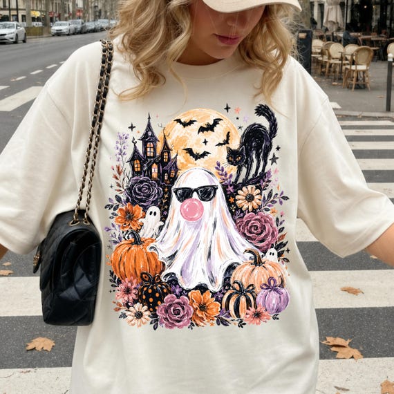 Ghost Blowing Bubble Gum Png, Brushstroke Halloween Sublimation Design, Girly Haunted House Shirt Design, Trendy Floral Fall Png