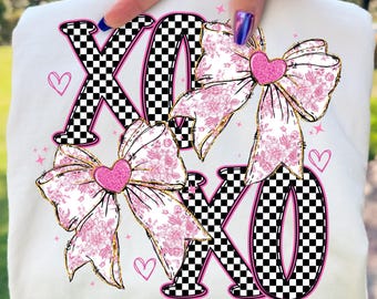 Coquette Valentines XOXO PNG, Valentines Day Png, Chinoiserie Bow Valentines Shirt Png, Trendy Valentines Day Png, Girly Checkered XOXO Png