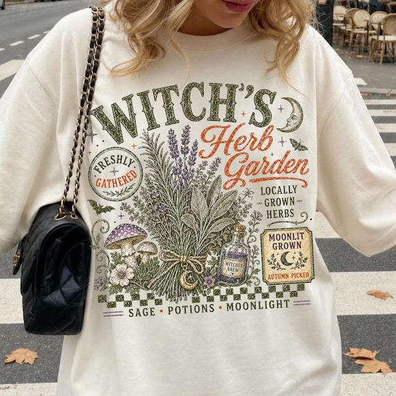 Retro Witch's Herb Garden Png, Trendy Fall Sublimation Design, Whimsy Witch Halloween Png, Vintage Autumn Shirt Design, Distressed Fall Png