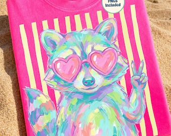 Mapache preppy PNG, mapache con gafas de sol en forma de corazón, diseño de sublimación, diseño de camiseta de verano para niñas con animales, PNG de moda para niños