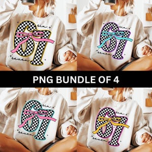 May include: Four cream-colored sweatshirts with a large, checkered "67" graphic. Each graphic has a different colored bow: pink, blue, pink, and yellow. The text "six" and "seven" are above and below the graphic. The words "PNG BUNDLE OF 4" are in a black bar.