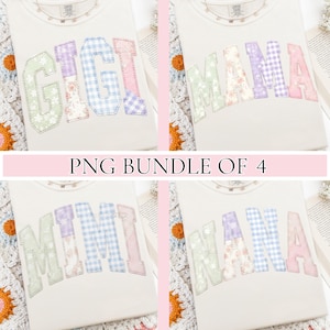 Peut inclure: Quatre sweat-shirts crème avec les mots "GIGI", "MAMA", "MIMI" et "NANA" appliqués sur le devant. Les lettres sont de style universitaire, avec des motifs floraux et vichy. Le texte "PNG BUNDLE OF 4" est affiché.