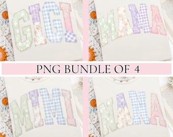 Paquete de 4 Quilt Mama PNG, Nana Png, Diseño de sublimación Gigi, Diseño de camiseta Mimi, Bordado falso, Grandma Core, Cottagecore, Preppy Png