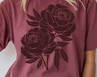 Burgundy Linocut Flower Shirt Design, Boho Peony PNG, Vintage Peonies Sublimation Design, Trendy Png Design, CottageCore PNG, Botanical PNG