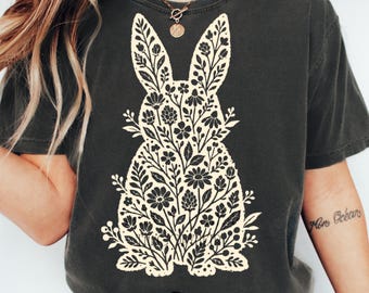 Conejito botánico PNG, diseño vintage de sublimación de conejo de Pascua en linóleo, bonito diseño de camiseta floral para primavera, conejo PNG, bonito conejo de Pascua PNG