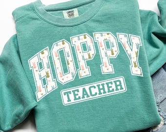 Hoppy Teacher PNG, Coquette Bunny Spring Sublimation Design, Varsity Tshirt Design for Easter, Preppy Spring Graphic, Trendy Easter Png