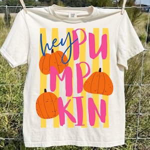 May include: Cream-colored t-shirt with a graphic design featuring orange pumpkins and the words "hey PUMPKIN" in blue and pink. The background has yellow vertical stripes. The shirt is hanging on a clothesline.