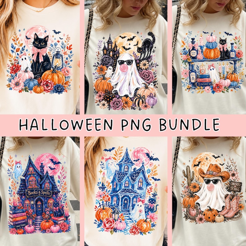 May include: A collection of six cream-colored t-shirts featuring Halloween-themed graphic prints. Designs include a black cat with a pink bow, a ghost wearing sunglasses and blowing a bubble, a haunted house, and a ghost wearing a cowboy hat and boots.