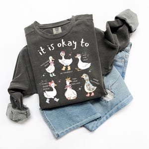 Pode incluir: Camisola cinza escuro com a frase "it is okay to" e ilustra&ccedil;&otilde;es de gansos. Os gansos usam acess&oacute;rios e t&ecirc;m bal&otilde;es de texto com afirma&ccedil;&otilde;es positivas. A camisola &eacute; combinada com cal&ccedil;&otilde;es de ganga azul claro.