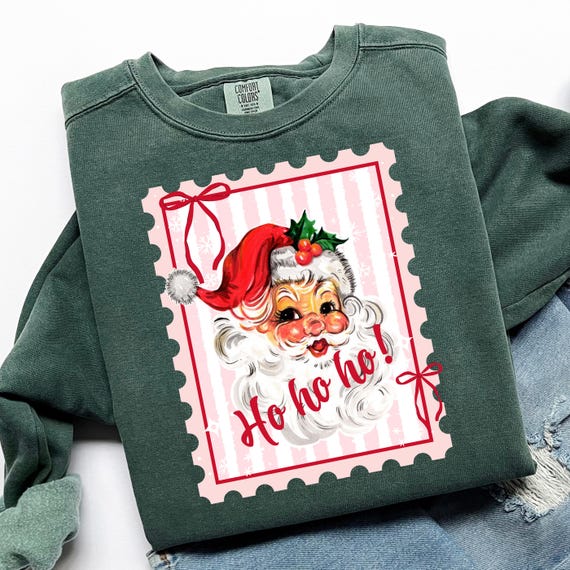 Coquette Retro Santa Postage Stamp PNG,  Trendy Christmas Png, Vintage Santa Christmas Sweater Design, Ho ho ho Sublimation Design With Bows