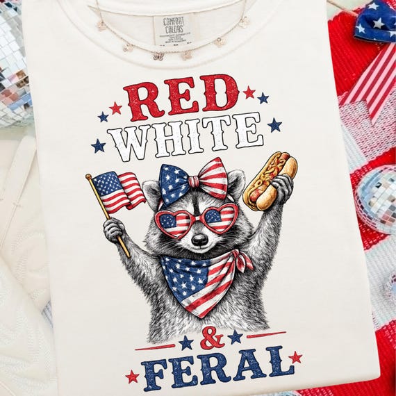 Trendy 4th Of July Raccoon PNG, Red White and Feral Sublimation Design, Retro USA Shirt Design, Independence Day Kids Png, Cute Freedom Png