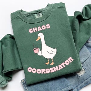 May include: Green sweatshirt with the words "CHAOS COORDINATOR" in pink, along with a cartoon goose holding a pink mug. The sweatshirt is folded on top of blue jeans.