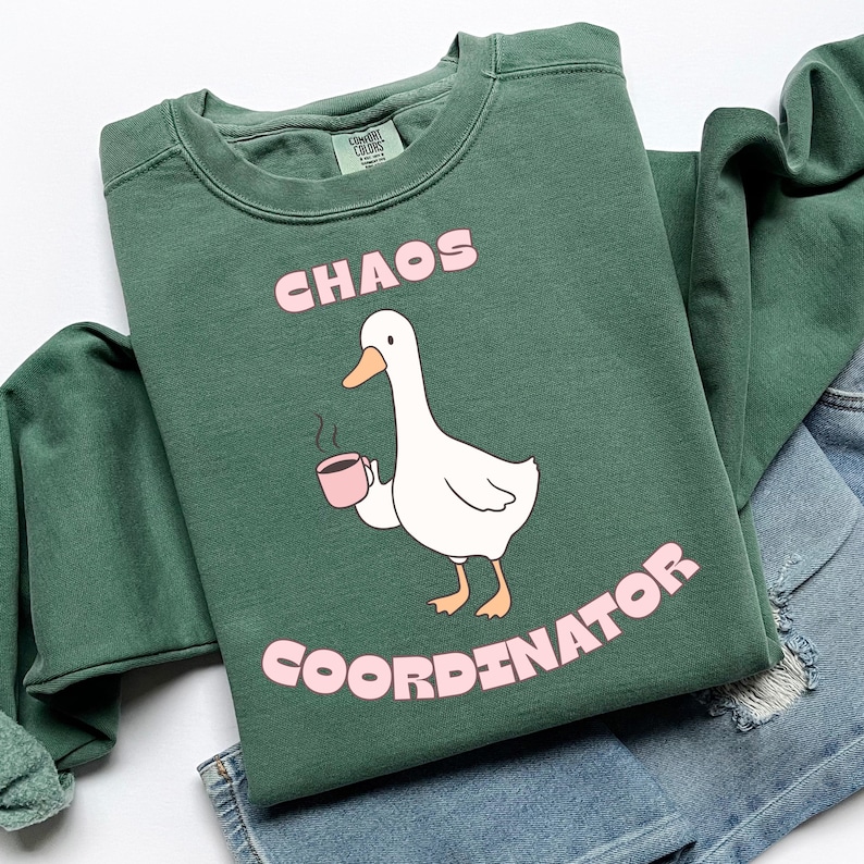 May include: Green sweatshirt with the words "CHAOS COORDINATOR" in pink, along with a cartoon goose holding a pink mug. The sweatshirt is folded on top of blue jeans.