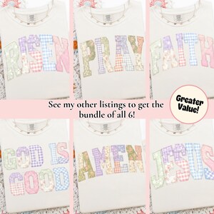 Puede incluir: Seis camisetas blancas con diferentes palabras en letras de patchwork: RISEN, PRAY, FAITH, GOD IS GOOD, AMEN y JESUS. Cada camisa tiene un collar peque&ntilde;o. El texto "See my other listings to get the bundle of all 6!" tambi&eacute;n es visible.