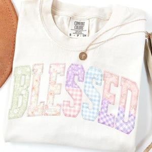 Blessed Png, Faux Quilted Religious Shirt PNG, Patchwork Christian Sublimation Design, Varsity Grateful Png, Preppy Cottagecore Png