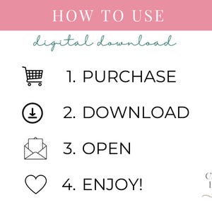 May include: A graphic with instructions for using a digital download. The text reads "HOW TO USE digital download" followed by numbered steps: 1. PURCHASE, 2. DOWNLOAD, 3. OPEN, and 4. ENJOY! The Copy Heir logo is in the bottom right corner.