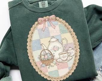 Vintage Thrifted Tea Set Png, Spring CottageCore Coquette Oval Frame Png, Grandma Core Shirt Design, Floral Easter Tea Sublimation Design