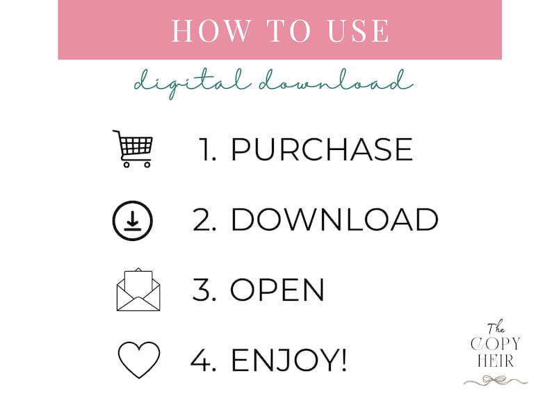Puede incluir: Gr&aacute;fico instructivo para descargas digitales. Los pasos son: Comprar, Descargar, Abrir y &iexcl;Disfrutar! El t&iacute;tulo "How to Use" est&aacute; en una pancarta rosa, con las palabras "digital download" en una fuente cursiva.
