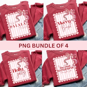 Puede incluir: Un conjunto de cuatro sudaderas rojas con dise&ntilde;os festivos. Cada sudadera presenta un gr&aacute;fico rectangular con un lazo y los textos: "Fa la la," "Merry & Bright," "Holly Jolly," y "It's the most wonderful time of the year."