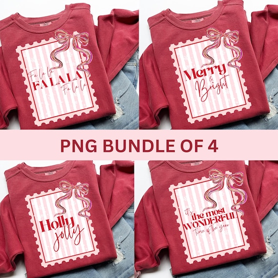 Coquette Christmas Postage Stamp BUNDLE of 4, Holly Jolly Png, Most Wonderful Time Of The Year Png, Merry & Bright Png, Fa La La Png, Trendy