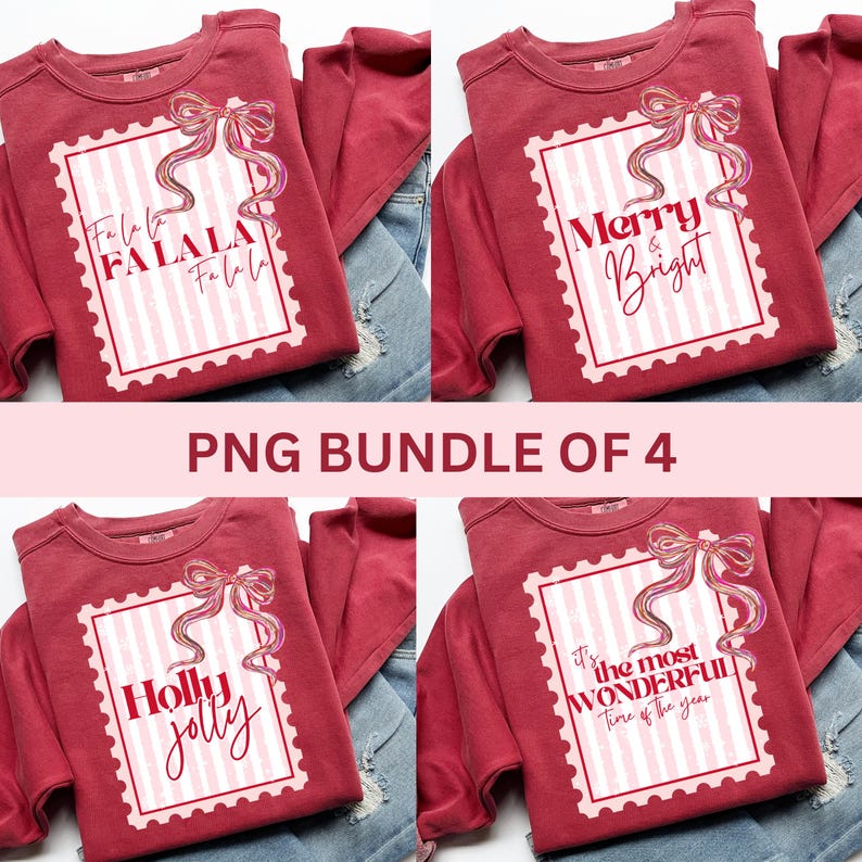 Puede incluir: Un conjunto de cuatro sudaderas rojas con dise&ntilde;os festivos. Cada sudadera presenta un gr&aacute;fico rectangular con un lazo y los textos: "Fa la la," "Merry & Bright," "Holly Jolly," y "It's the most wonderful time of the year."