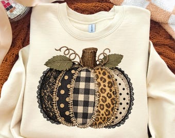 Faux Embroidery Patchwork Pumpkin Png, Leopard Print Autumn Sublimation Design, Fall Lace Pumpkin Shirt Design