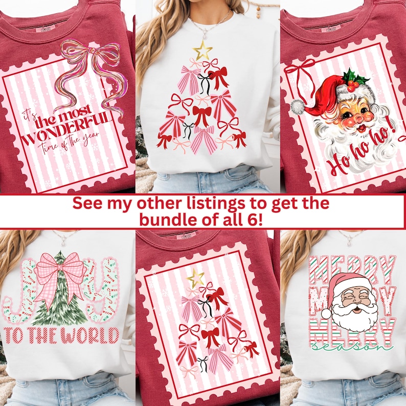 Coquette Retro Santa Postage Stamp PNG, Trendy Christmas Png, Vintage Santa Christmas Sweater Design, Ho ho ho Sublimation Design With Bows image 2