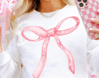 Coquette Valentines Bow PNG, XOXO Bow with Hearts Png, Watercolour Bow Valentines Shirt Png, Trendy Valentines Day Png, Girly Png Design