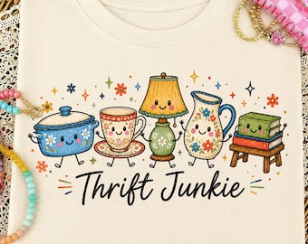 Thrift Junkie Png, Retro Thrifting Sublimation Design, Retro Yard Sale Junkie Shirt Design, Trendy Thrift addict Png, Stick Figure Png