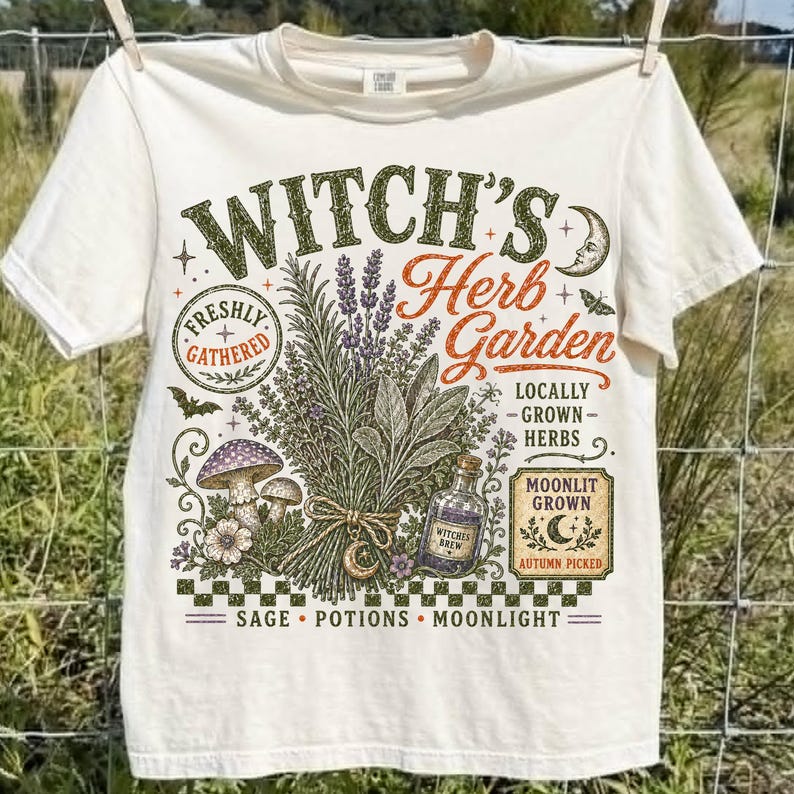 May include: A cream-colored short-sleeve t-shirt featuring a graphic print with the text Witch's Herb Garden. The design includes illustrations of bundled herbs, mushrooms, a potion bottle, a crescent moon, and a bat, with the words Sage, Potions, Moonlight.