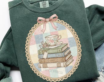 Thrifted Books and Tea Png, Book Nerd Sublimation Design, CottageCore Coquette Oval Frame Png, Grandma Core Shirt Design for Book Lover