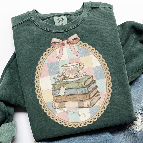Thrifted Books and Tea Png, Book Nerd Sublimation Design, CottageCore Coquette Oval Frame Png, Grandma Core Shirt Design for Book Lover