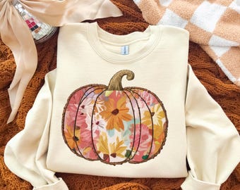Abóbora Floral Boho PNG: Patchwork com Bordado Falso (Download Digital)