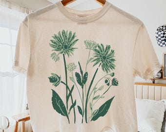 Sage Green Boho Floral PNG, Vintage Linocut Flower Shirt Sublimation Design, Wildflower Png, Faded Cottagecore Botanical Png, Trendy Png