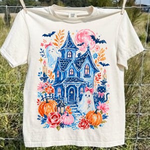 Trendy Haunted House Png, Brushstroke Halloween Sublimation Design, Girly Spooky Season Shirt Design, Trendy Floral Fall Png image 9