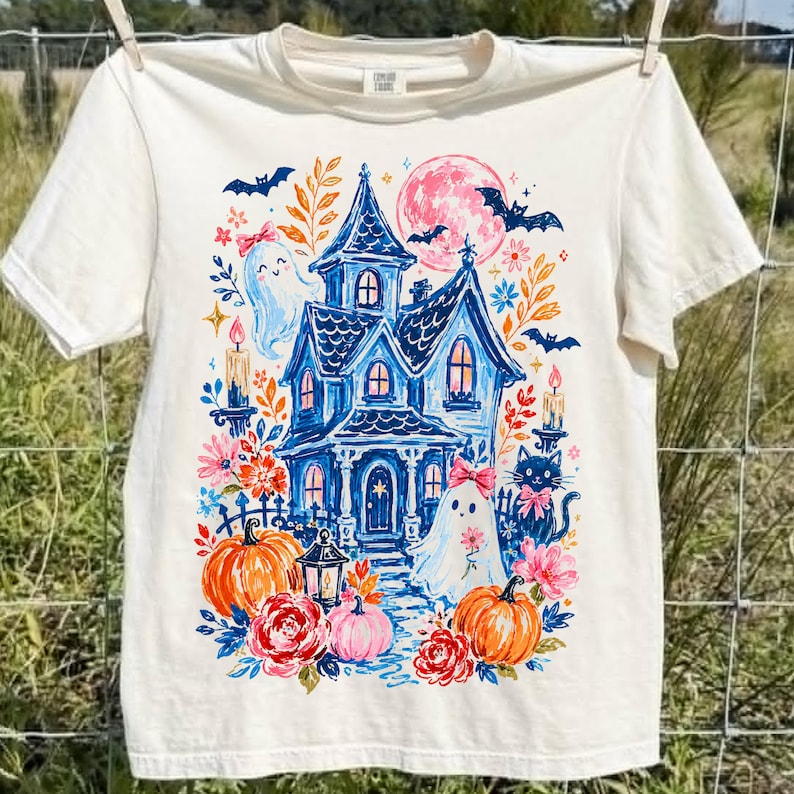 Trendy Haunted House Png, Brushstroke Halloween Sublimation Design, Girly Spooky Season Shirt Design, Trendy Floral Fall Png image 9