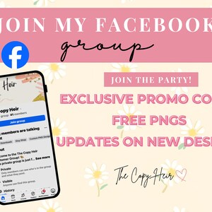 Puede incluir: Gr&aacute;fico promocional con el texto "JOIN MY FACEBOOK group" y "JOIN THE PARTY!" en rosa. Un smartphone muestra una p&aacute;gina de grupo de Facebook. El gr&aacute;fico tambi&eacute;n anuncia c&oacute;digos promocionales exclusivos, PNG gratuitos y actualizaciones sobre nuevos dise&ntilde;os.