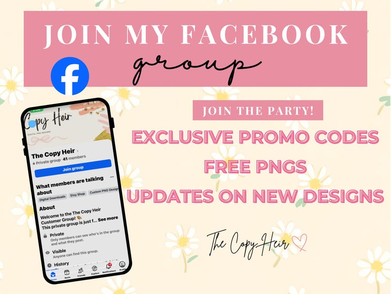 Puede incluir: Gr&aacute;fico promocional con el texto "JOIN MY FACEBOOK group" y "JOIN THE PARTY!" en rosa. Un smartphone muestra una p&aacute;gina de grupo de Facebook. El gr&aacute;fico tambi&eacute;n anuncia c&oacute;digos promocionales exclusivos, PNG gratuitos y actualizaciones sobre nuevos dise&ntilde;os.