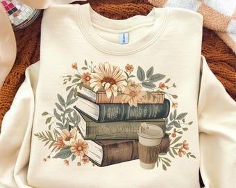 Boho Blumenkaffee und Bücher PNG, Bücherwurm Grafik, Buchliebhaber Sublimationsdesign, Shirt Design für Buch Nerd, trendiges Leseratz Png Design