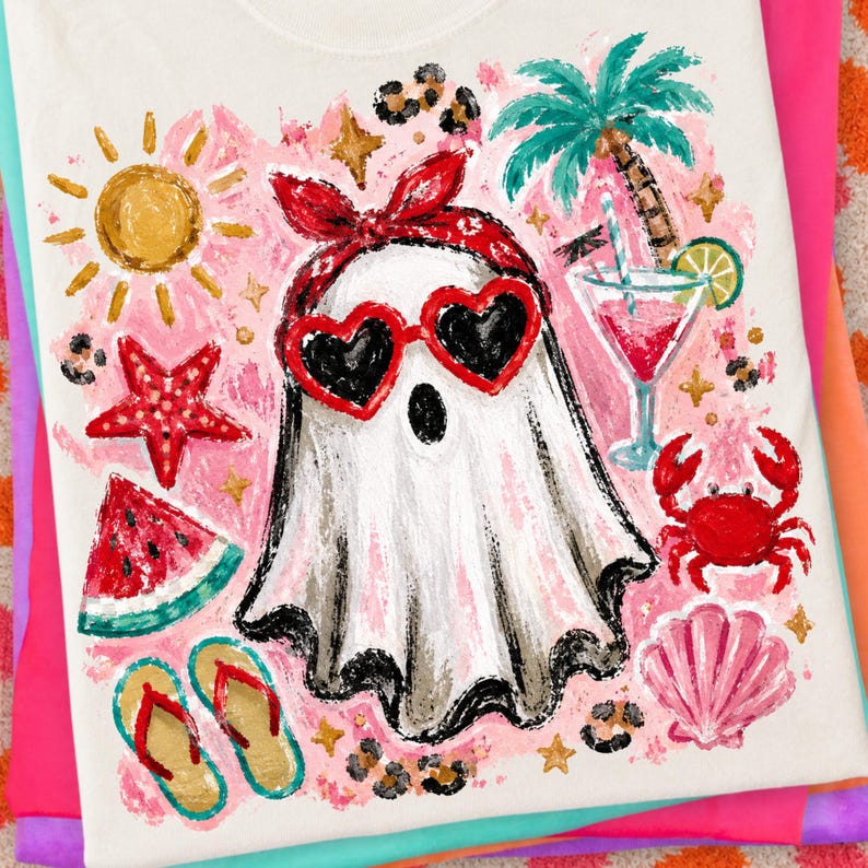 May include: White t-shirt with a colorful, whimsical illustration of a ghost wearing heart-shaped sunglasses and a red bandana. The design includes a sun, starfish, watermelon, cocktail, crab, and palm tree, evoking a summer theme.