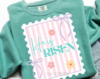 He is Risen Postage Stamp Png, Coquette Christian Easter Graphic, Floral Resurrection Sublimation Design, Spring Png, Religious Easter Png