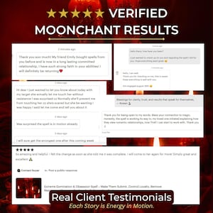 May include: A promotional image with the text "VERIFIED MOONCHANT RESULTS" and client testimonials. The testimonials are in white text on a dark red background, with star ratings and dates. The bottom of the image reads "Real Client Testimonials" and "Each Story is Energy in Motion."