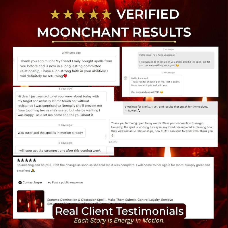 May include: A promotional image with the text "VERIFIED MOONCHANT RESULTS" and client testimonials. The testimonials are in white text on a dark red background, with star ratings and dates. The bottom of the image reads "Real Client Testimonials" and "Each Story is Energy in Motion."