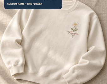 Sweatshirt mit Geburtsblumenstickerei und Namen, personalisiertes Geburtsmonats-Sweatshirt mit Rundhalsausschnitt und Blumenstickerei, individuelles Geschenk für Mama, Weihnachtsgeschenk für sie