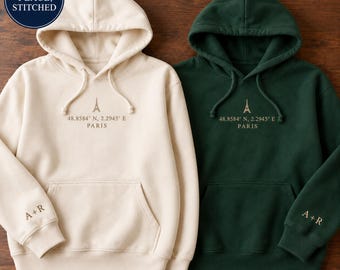 Personalisierter Hoodie mit Koordinaten, besticktes Sweatshirt mit individuellem Ortsmotiv, Jahrestagsgeschenk für ihn, Geschenk zum Kennenlernen