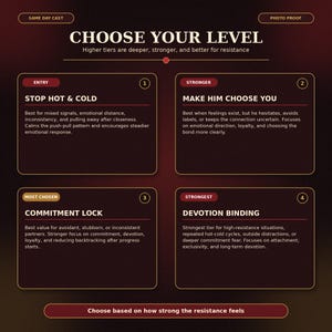 May include: A dark red informational chart titled CHOOSE YOUR LEVEL with four numbered boxes. Each box lists a service tier: ENTRY STOP HOT & COLD, STRONGER MAKE HIM CHOOSE YOU, MOST CHOSEN COMMITMENT LOCK, and STRONGEST DEVOTION BINDING with descriptions.